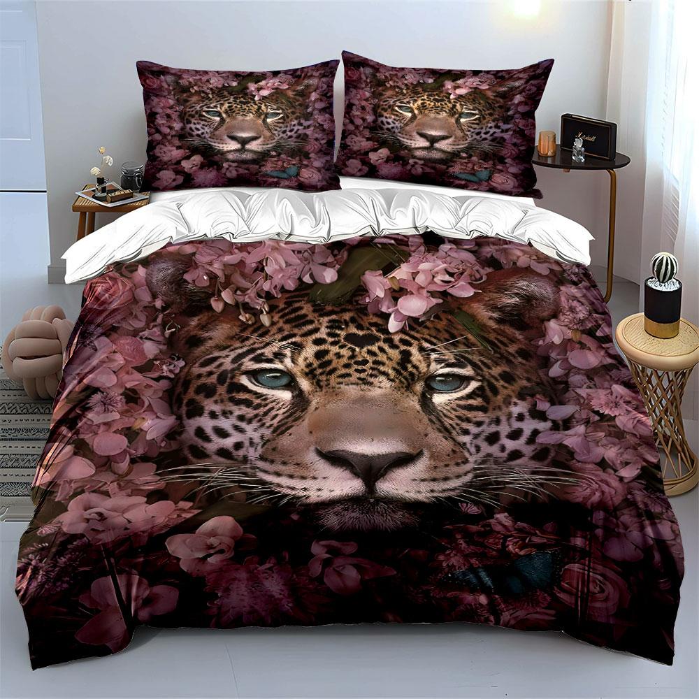 Leopard and Butterfly in Pink Blooms Bedding Set for Kids Luxury Gift 3pcs Digital Print Comforter Set Soft Comfortable