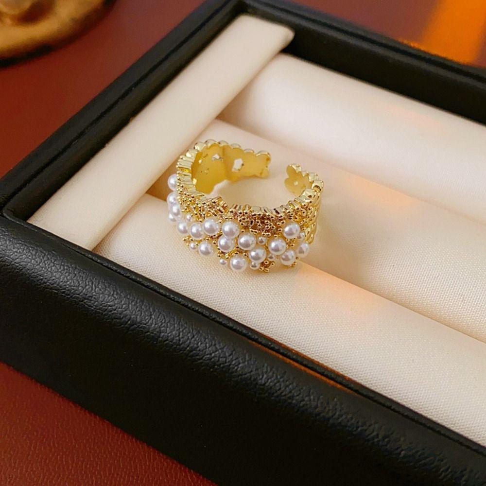 Geometry Pearl Open Ring Irregular Metal Rings Adjustable Vintage Rings Party