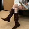Fashion 2025 Design Pleated Woman Knee-High Boots Fashion Pointed Toe Long Booties Autumn Winter Square Heels Slim Shoes