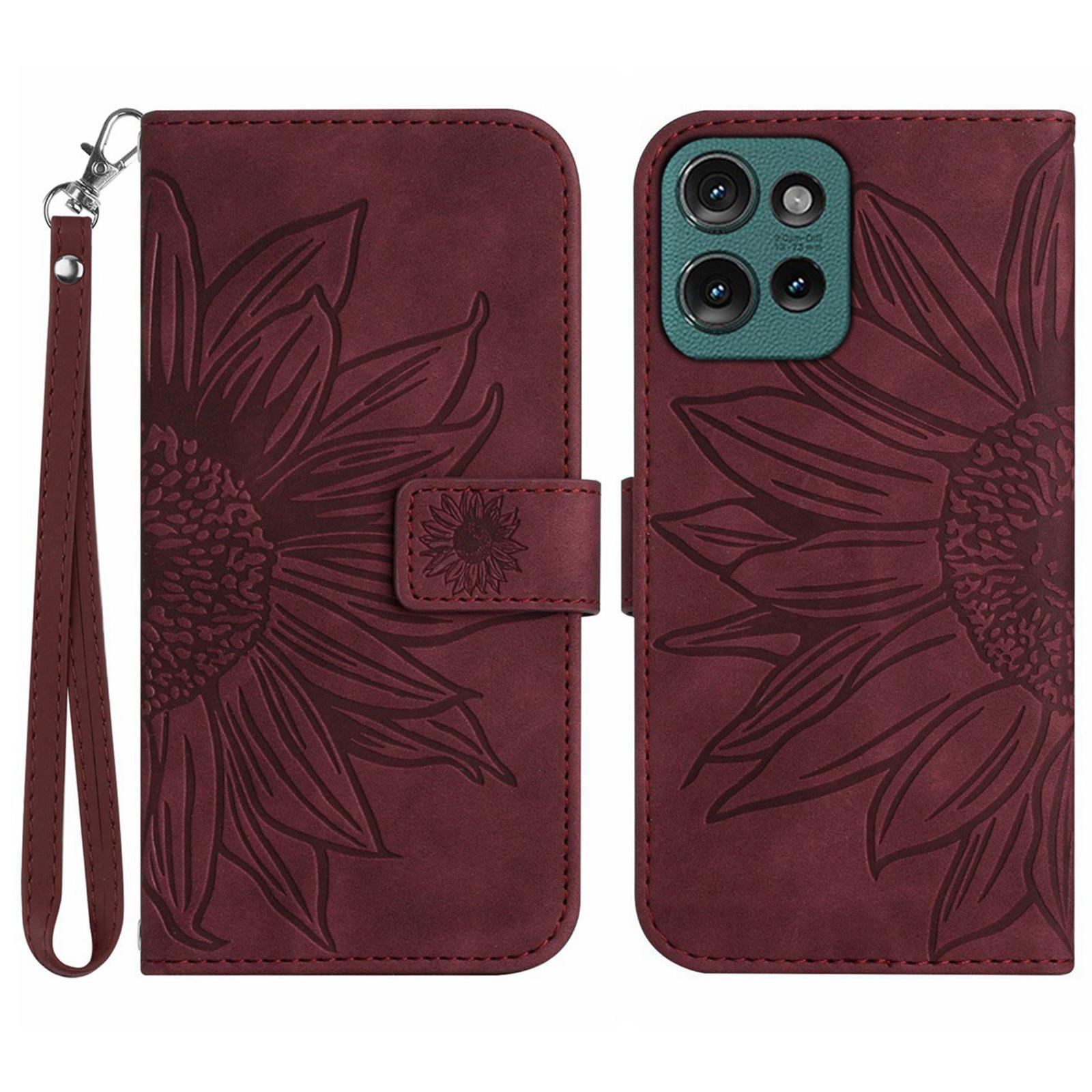 

HT04 For Motorola Moto G75 5G Case Sunflower Imprint Leather Wallet Phone Cover with Wrist Strap E