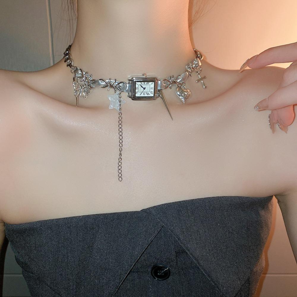 Heart Watches Pedant Choker Cross Y2K Tassel Necklace Fashion Gothic Rivet Necklace  Ladies