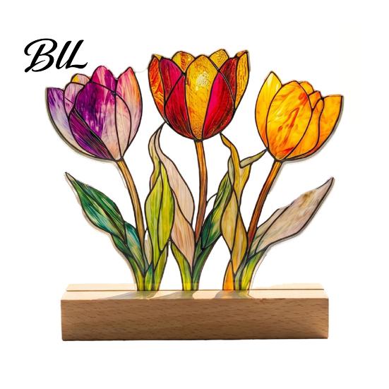Exquisite Tabletop Decor Desktop Decoration Ornaments with Solid Wood Base, Acrylic Stained Transparent Figurine Glass Style Double Sided Suncatcher, A