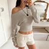 Women's Off Shoulder Long Sleeve Knit Color Fitted Pullover