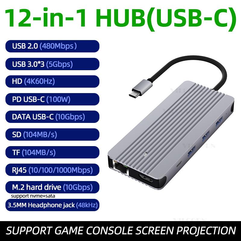 

12-in-1 USB C Docking Station 4K@60Hz PD100W 5Gbps M.2 SSD Enclosure Gigabit Ethernet USB Hub For PC Phone Accessories