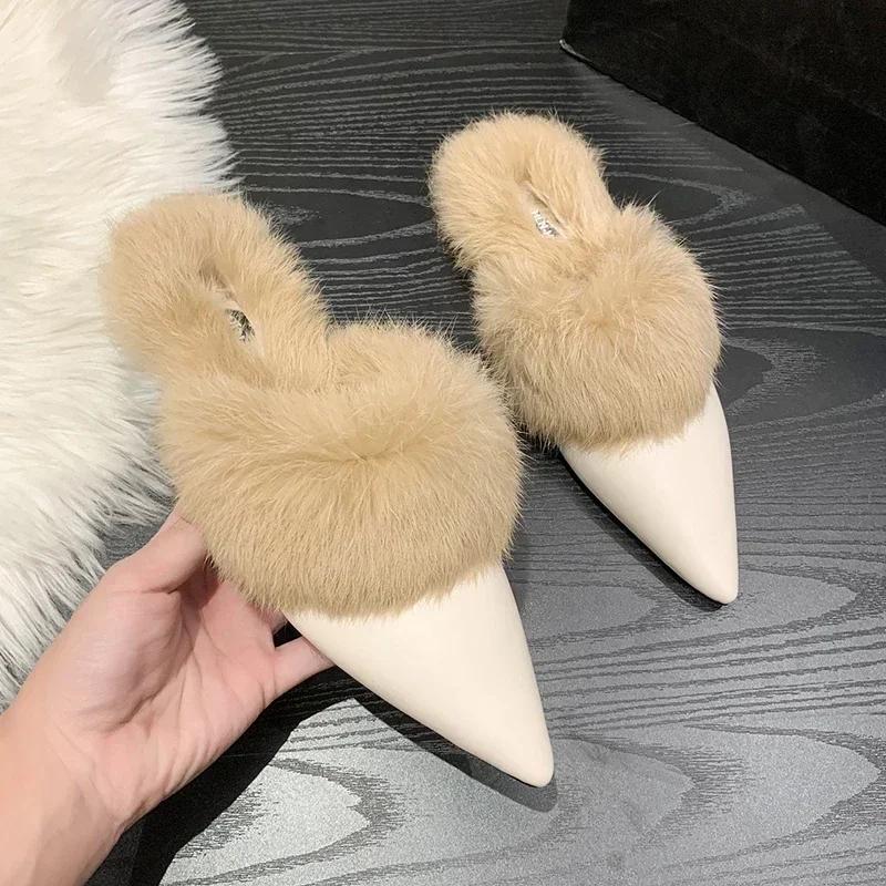 Fashion Fashion Winter Plush Women Mules Slippers Slip On Warm Woman Slipper Faux Fur Flat Shoes Pointed Toe Female Ladies Shoes