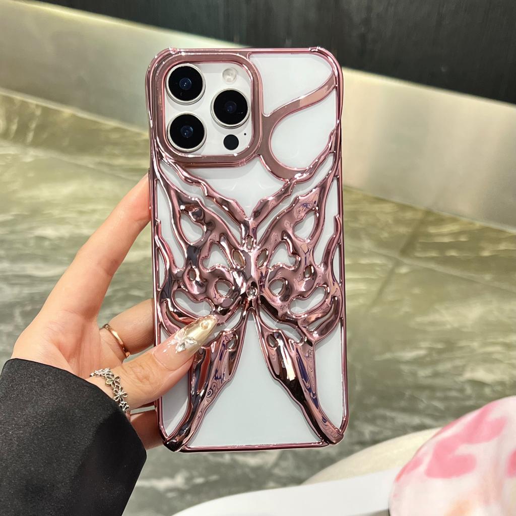 Fashion Plating Hollow Butterfly Pattern Case for iPhone 16E 15 14 13 12 11 Pro Max Matte Shockproof Heat Dissipation Back Cover