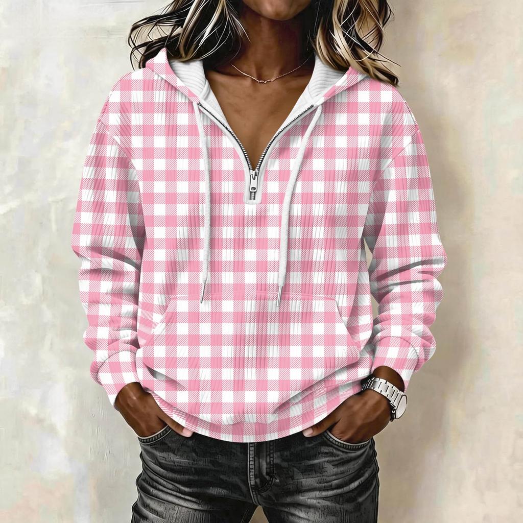Women's Fashion Long Sleeve Plaid Print Hoodie Pullover with Casual Top
