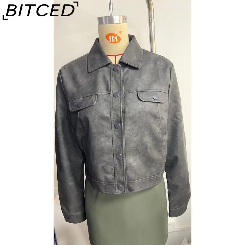 BITCED Spring/Autumn Lightweight Leather Jacket for Women Multi-Pocket Cardigan Style Casual Jacket Fashionable Trendy Everyday Outerwear