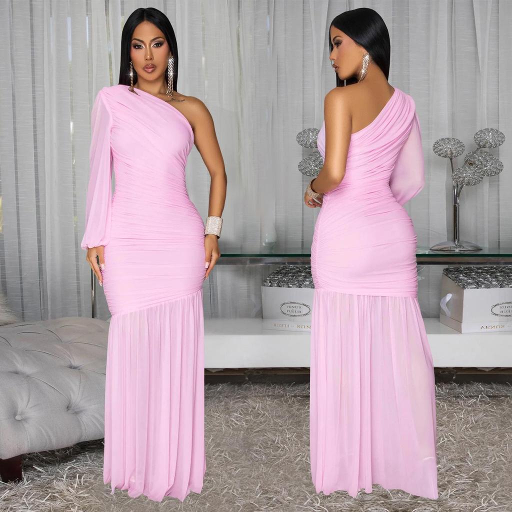 C7500 Fashionable Off-the-Shoulder Mesh Dress for Women In Europe and America - New High-End Style