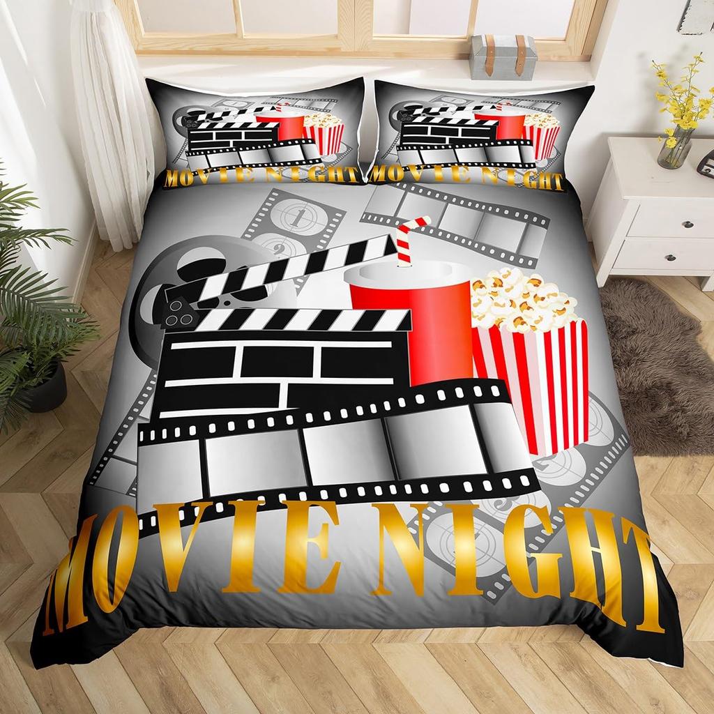 Movie Themed Bedding Set Full Queen for Boys Girls Family Home Theater Decor Vintage Comforter Cover Film Theme Duvet Cover Set