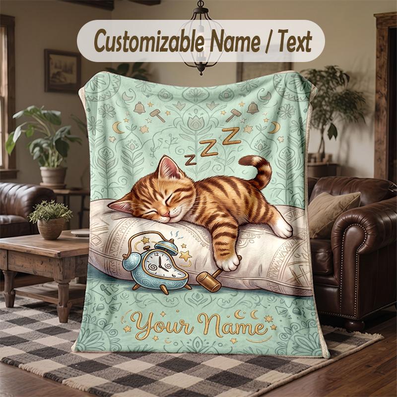Sleepy Cat Dreams Theme Throw Blanket Custom Name Text Personalized Blanket Soft Cozy Blanket for Home Sofa Bed