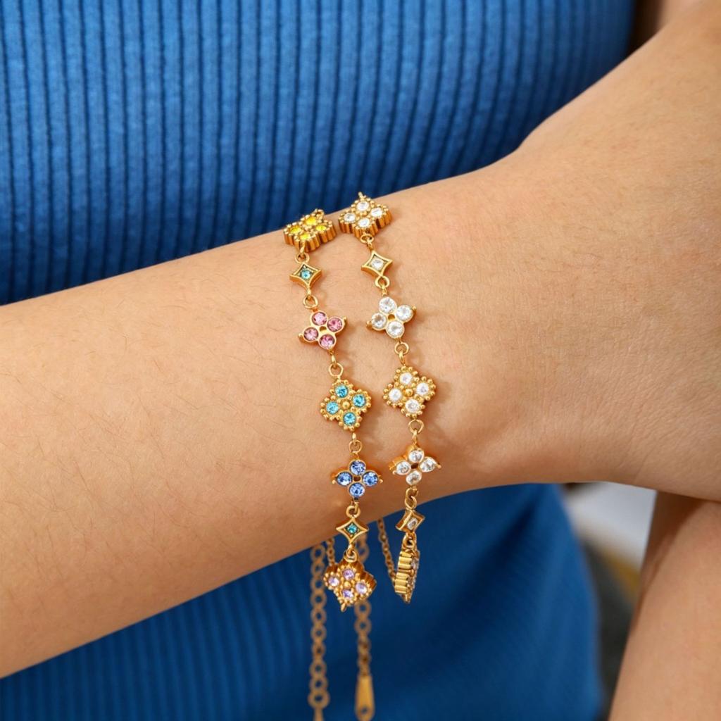 Novirassine Aesthetic Y2K Luxury Non Tarnish Waterproof PVD Gold Stainless Steel Four Leaf Clover Flower Link Bracelet for Women