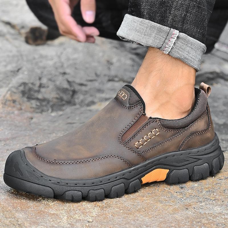 Hand Stitched Male's Leather Hiking Boots Outdoor Sneakers Walking Shoes Antiskid Travel Trainers Men's Slip On Shoes