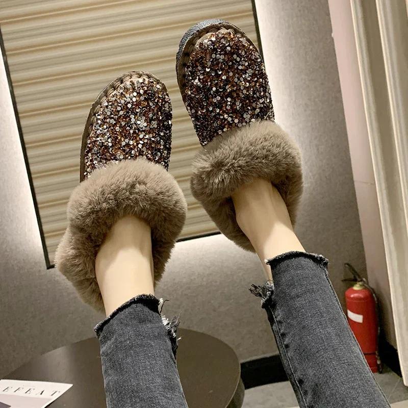 Fashion Female Shoes Outdoor Ankle Women's Boots Warm Snow Boots Women Rhinestones Round Toe Slip On Low Heel Shoes Women