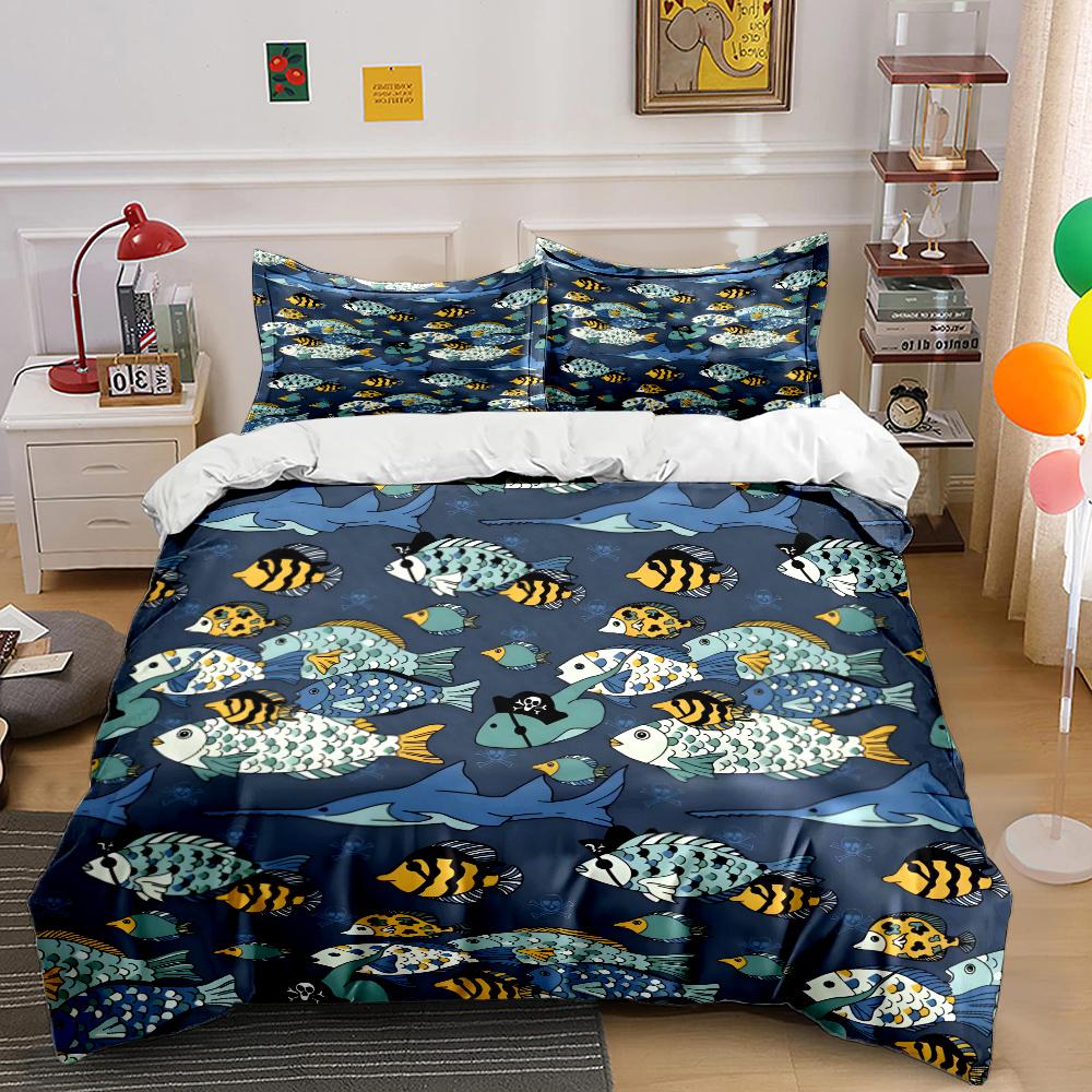 Colorful Fish And Ocean Pattern Duvet Cover Set Digital Print Colorful Polyester Bedding With Zipper Closur For Kids Gifts