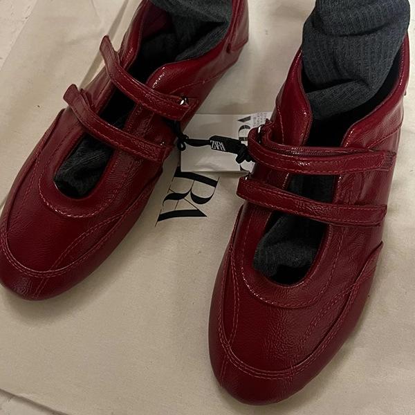 Cowhide version~ retro red French Mary Jane shoes women's Velcro ballet single shoes flat casual training shoes