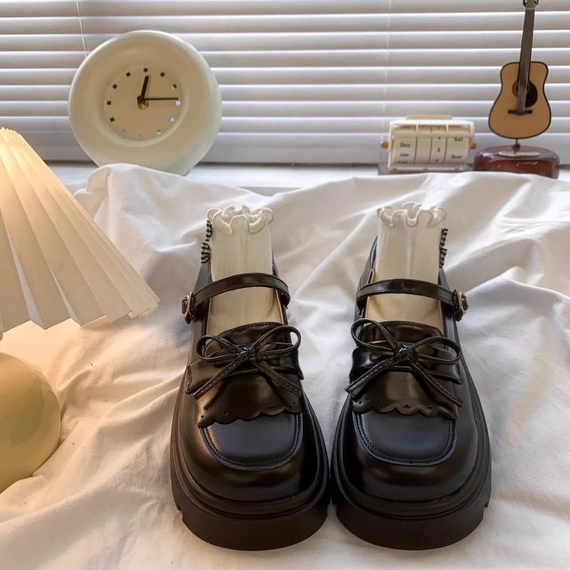 Youth style shoes Brown Retro Mary Jane Shoes Girls Thick Sole PU Leather Low Cut Slip-On With Bow Fall Kids School Uniform Style