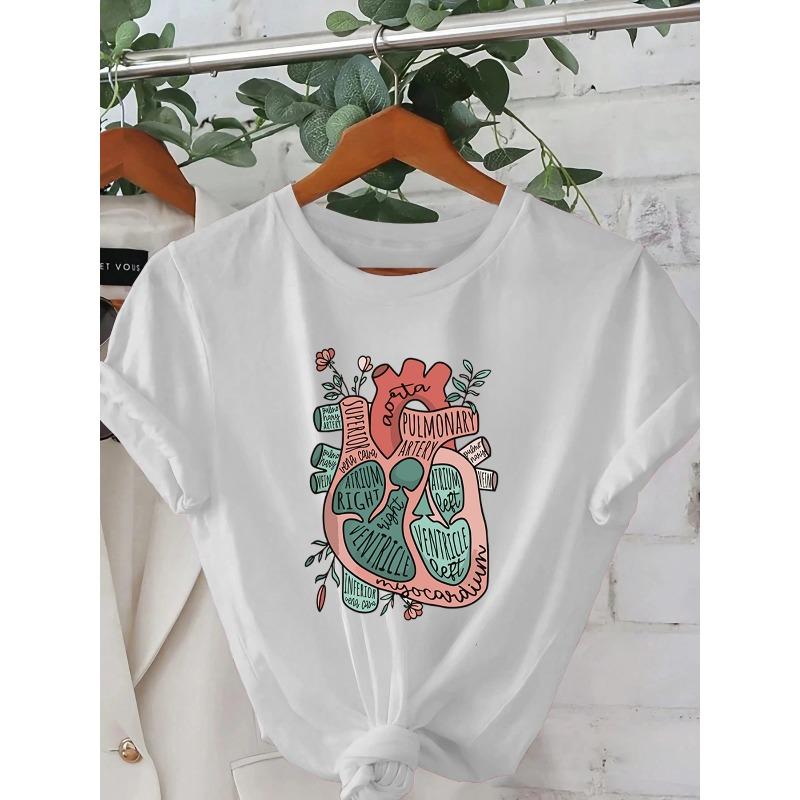 Women'S Casual Crew Neck T-Shirt with Pulmonary System Design - Short Sleeve, Machine Washable, Summer Fashion Top with Illustration,