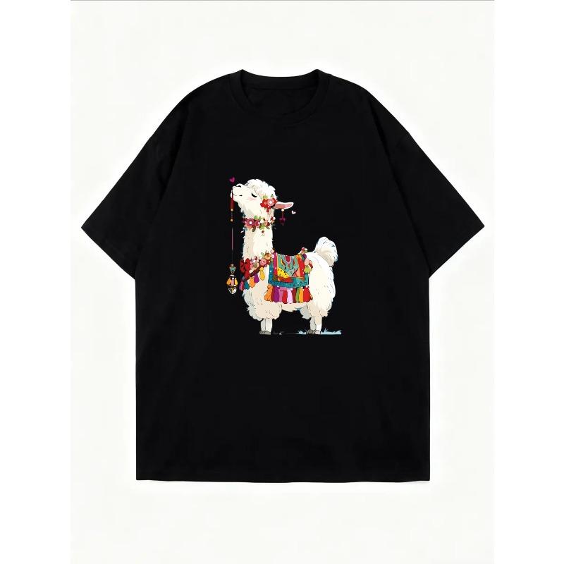 White T Shirt With Colorful Llama Print For Casual Wear