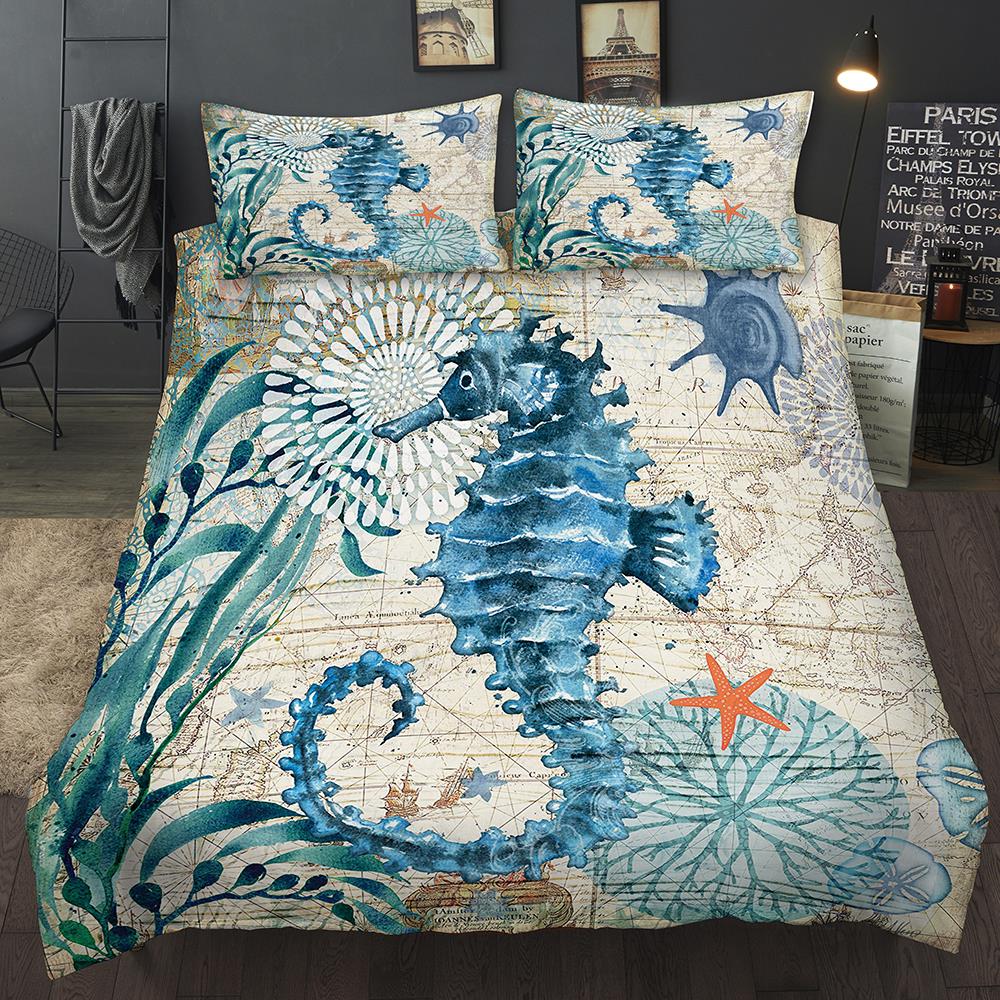 Sea Horse Delphin Bettwäsche Setzt König Königin Octopus Whale schildkröte Bettbezug Quilt Abdeckung Kissenbezug 3D Digital Home