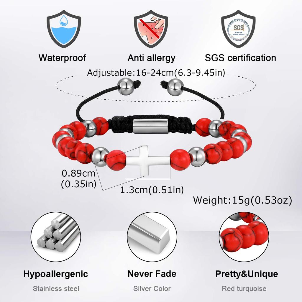 Heiliger Benedikt Edelstahlarmband für Herren, Armband mit roten Kiefernsteinen, Katholischer Christlicher Schmuck