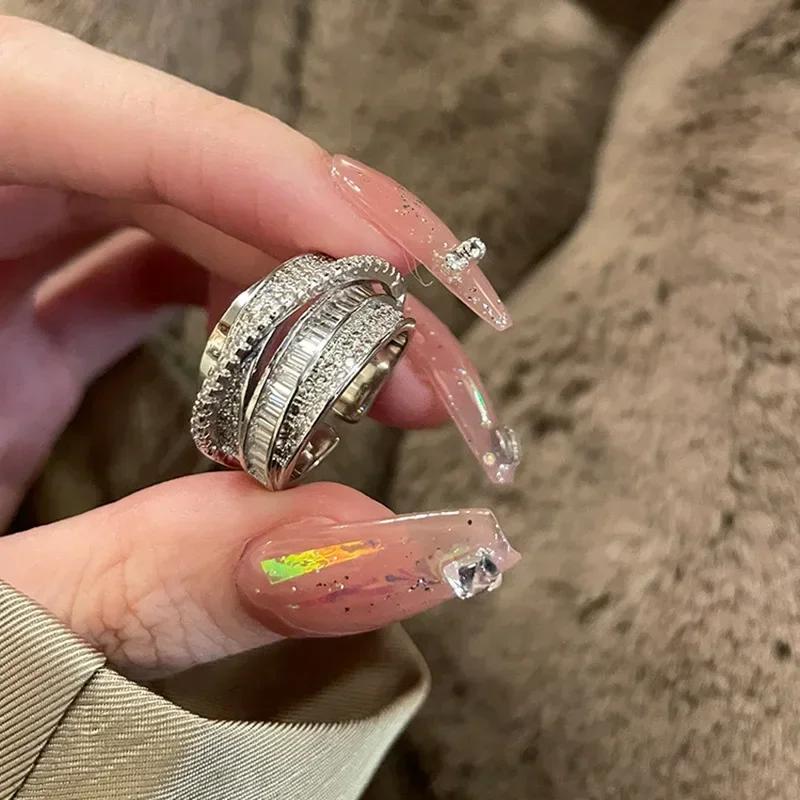 Light Luxury Inlaid Cubic Zircon Finger Ring for Women Classic Cross Design Open Ring Bride Zircon for Engagement Wedding