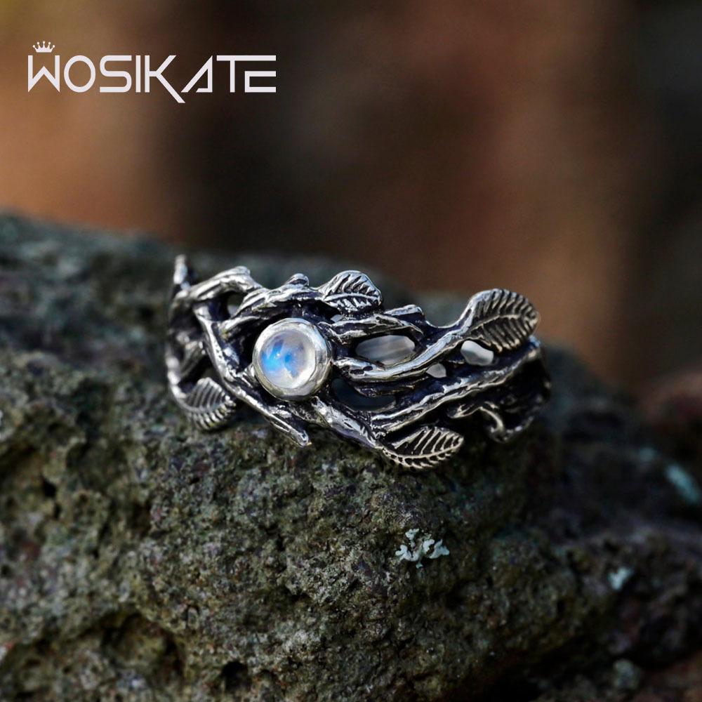 WOSIKATE Vintage Creative Branch Thai CopperRing For Women Fashion Jewellery With Synthetic Moonstone Thai CopperLeaf Ring