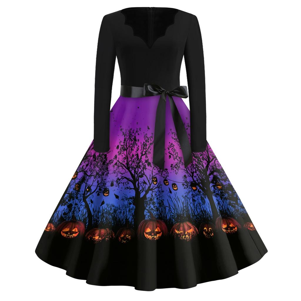 Women's Vintage V Neck Long Sleeve Halloween Print Casual Dress with Flared Skirt and Waist Tie for Seasonal Events