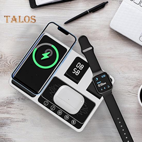 4 in 1 Wireless Charger Stand with Alarm Clock & Night Light Foldable Fast Charging Dock One-Key Lifting Smartwatch Charging Stand for IPhone