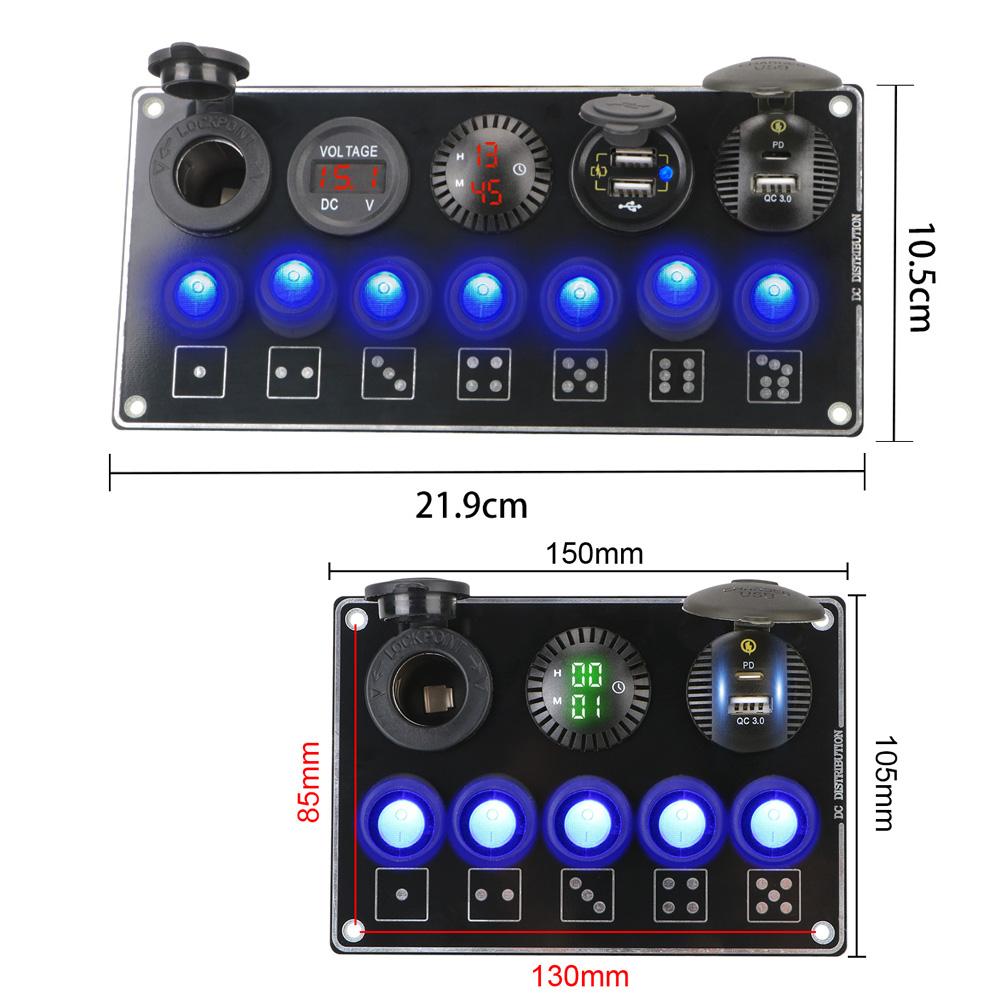 24V 12V Switch Panel For Boat Truck RV Rocker Toggle Car Lights 5/7 Buttons Cigar Lighter Adapter USB Chargers QC 3.0 PD Socket