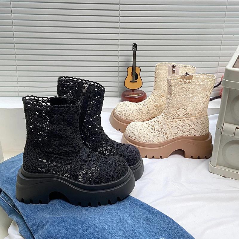 Mesh Ankle High Heel Modern Boots Summer New Solid Round Toe Shoes Female 2026 High Quality Square Heel Breathable Women's Boots