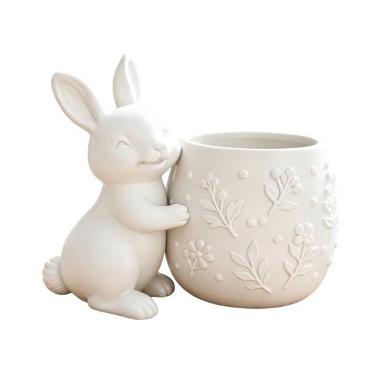 Mini Flowerpot 3D Printed Bunny Hugging Succulents Planter, Cute Rabbit Flower Pot with Embossed Planter Floral Body, Desk Decor for Office