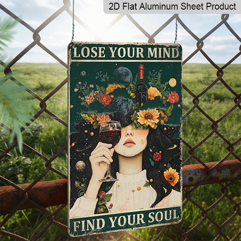 2D Flache Vintage Boho Aluminium Wandkunst - "Verliere deinen Verstand, finde deine Seele" Retro Schild mit kosmischem & floristischem Design, 7,87*11,8 Zoll, Perfekt für Zuhause