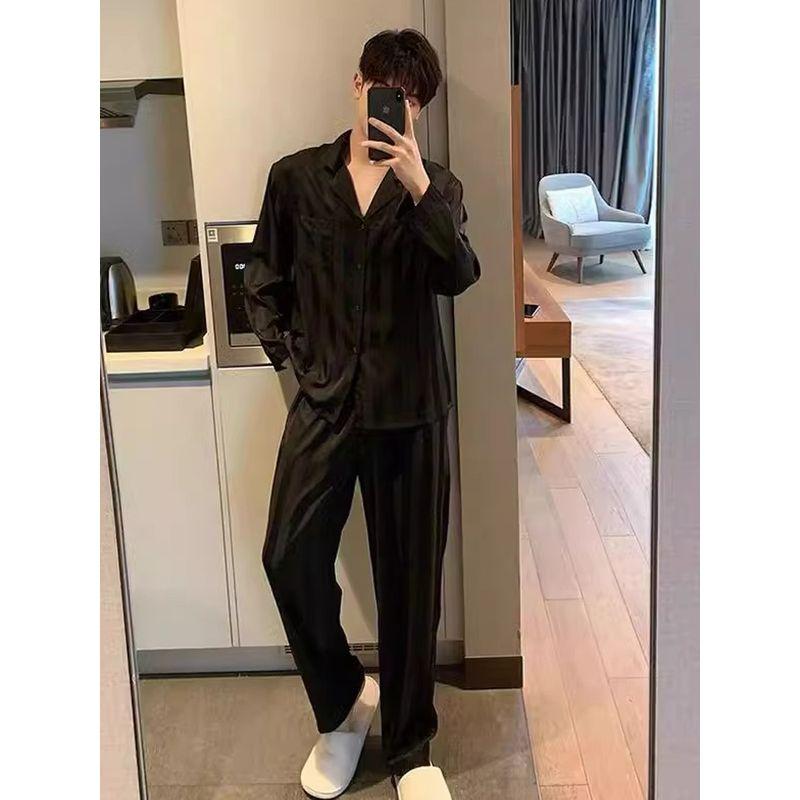 Victoria Men's Secret of Pajamas Spring & Fall Dark Stripes Imitation Silk Long Sleeves Pants Loose Homewear Suit