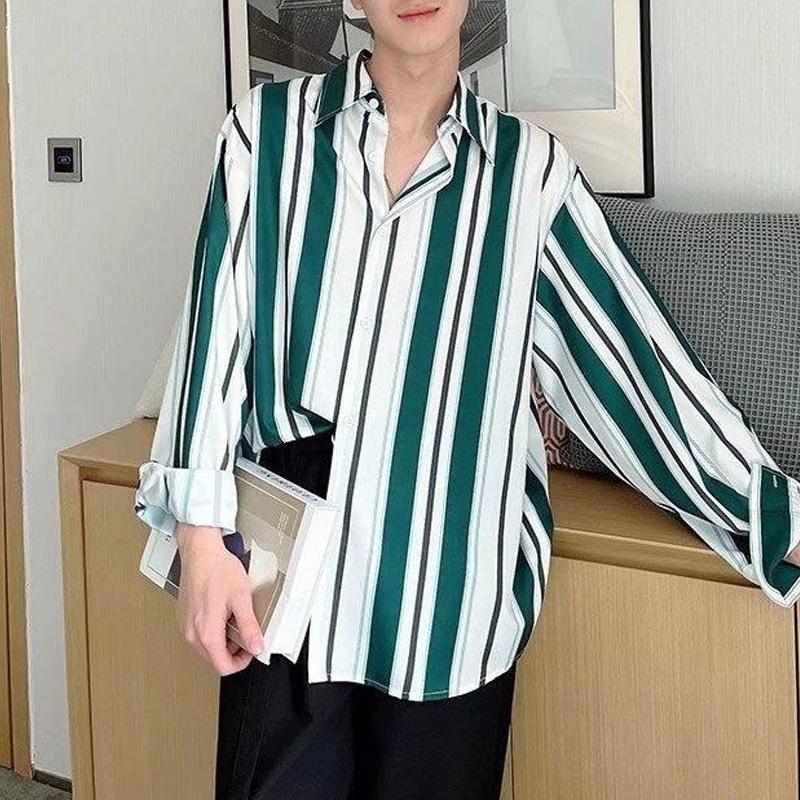 

2023 Новая Мода Весна и Осень Мужская Рубашка Поло в Полоску Контрастного Цвета с Длинным Рукавом Красивая Универсальная Повседневная Свободная L зелёный