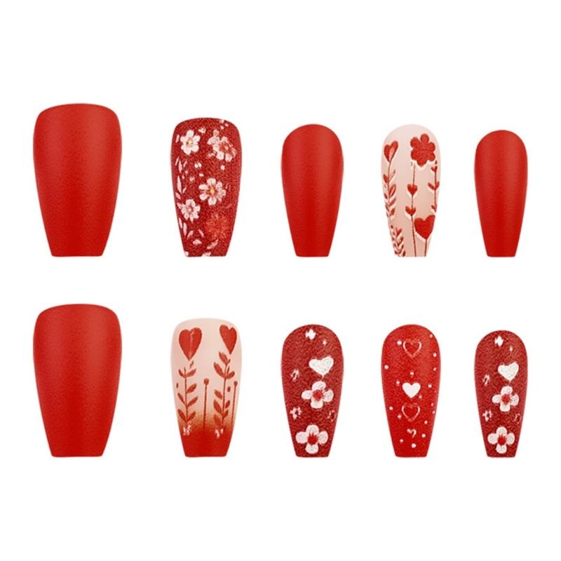 24 Pcs Flowers False Nail Valentines Day Press On Nail New Year Acrylic Nail Glossy Heart Full Cover Stick on Nail