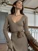 Women's Knitted Dress Elegant V Neck Thick  A-line Dress Brown Long Sleeve Vintage Midi Casual Dresses for Women