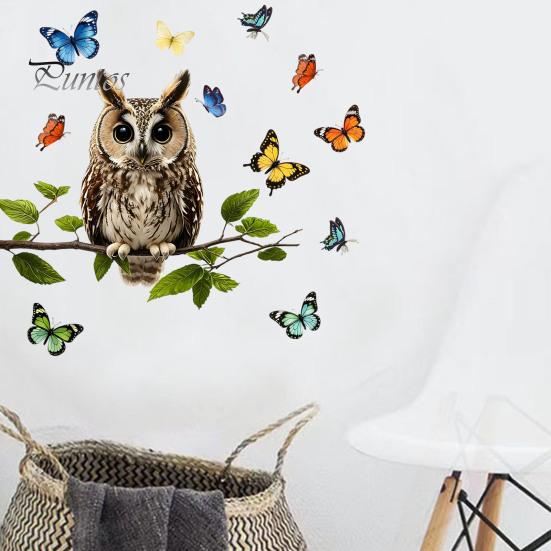 Pastoral Style Wall Mural Owl Butterfly Sticker, Forest Animal Illustration Decorative Decals, Sunproof Outdoor Window Cling Waterproof Removable