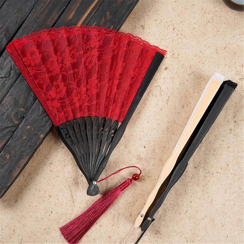 Breathable Lace Fabric Foldable Hand Fan Vintage Dancing Party Props Fabric Handheld Fan Home Decoration Festival Gift