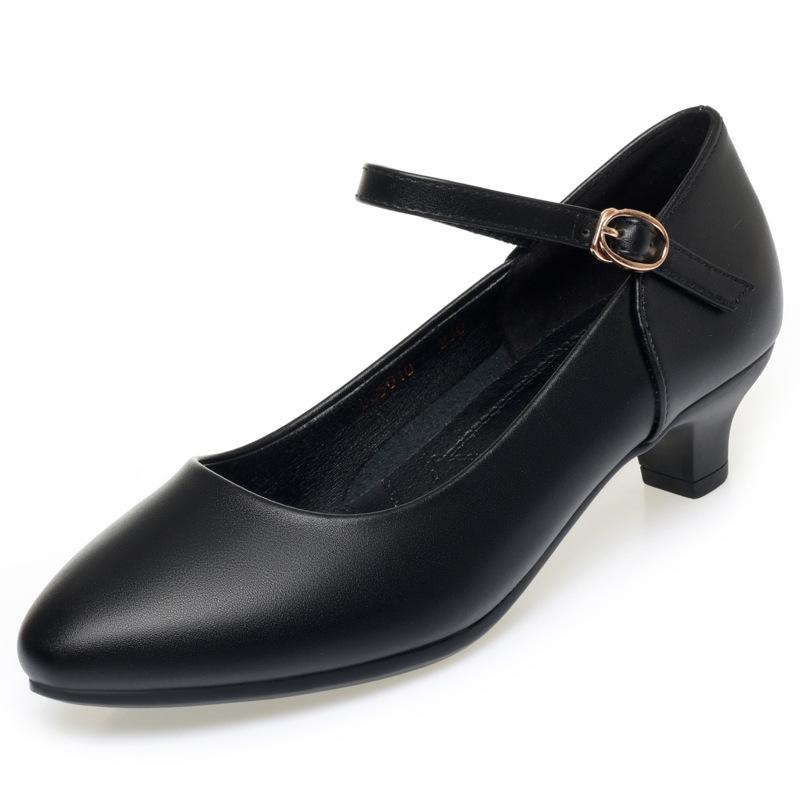 Soft sole one-word buckle medium heel long station work shoes black leather shoes women's shoes dancing cheongsam mother single shoes