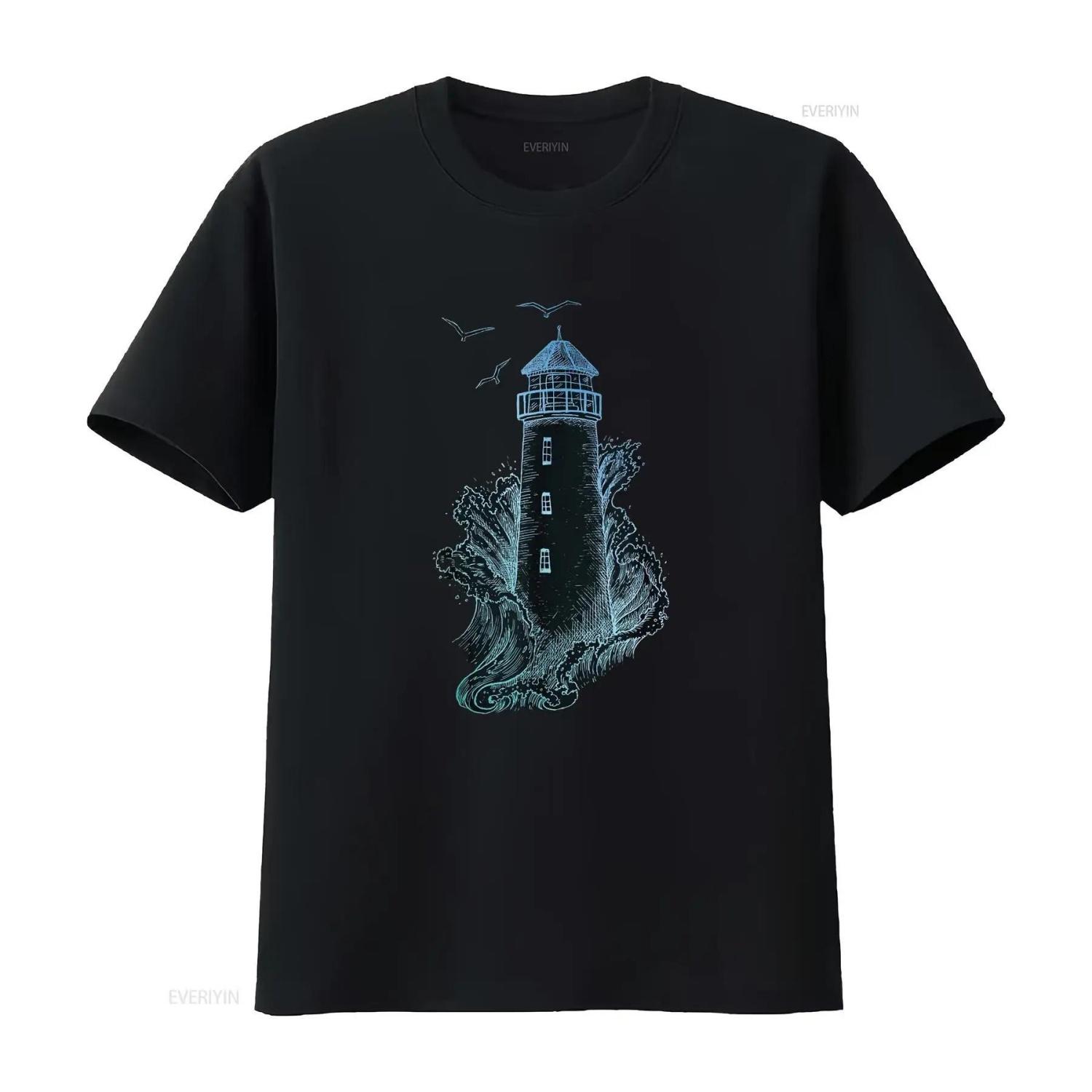 

Lighthouse T Shirt Wave And Seagull Women S with Cool Print Summer Top for Vintage Washed Top For Everyday Wear Unisex S