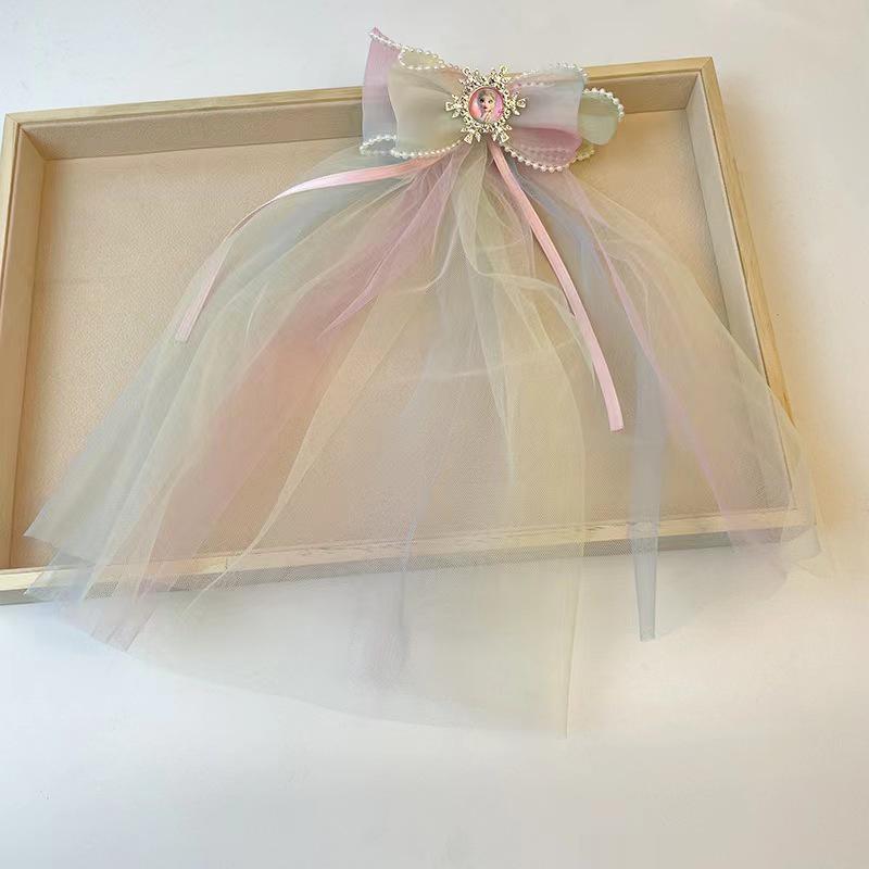 Искрящийся заколка-зажим для волос с бантом и вуалью Принцессы Эльзы - Многослойная радужная сетка для детей