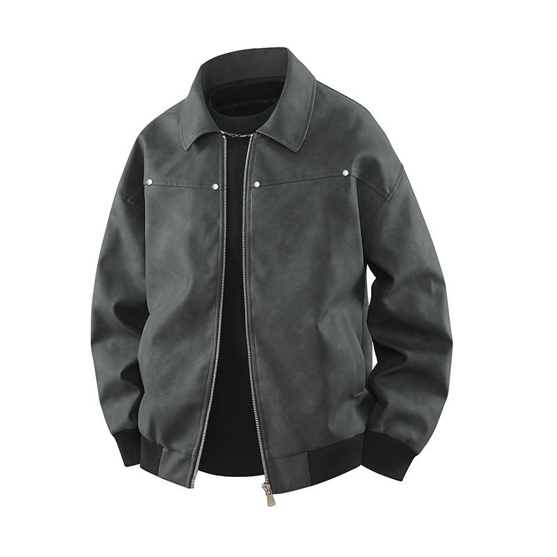 Retro Pu Leather Jacket Men's Autumn and Winter Pussy Motorcycle Baseball Uniform High Street Casual Top