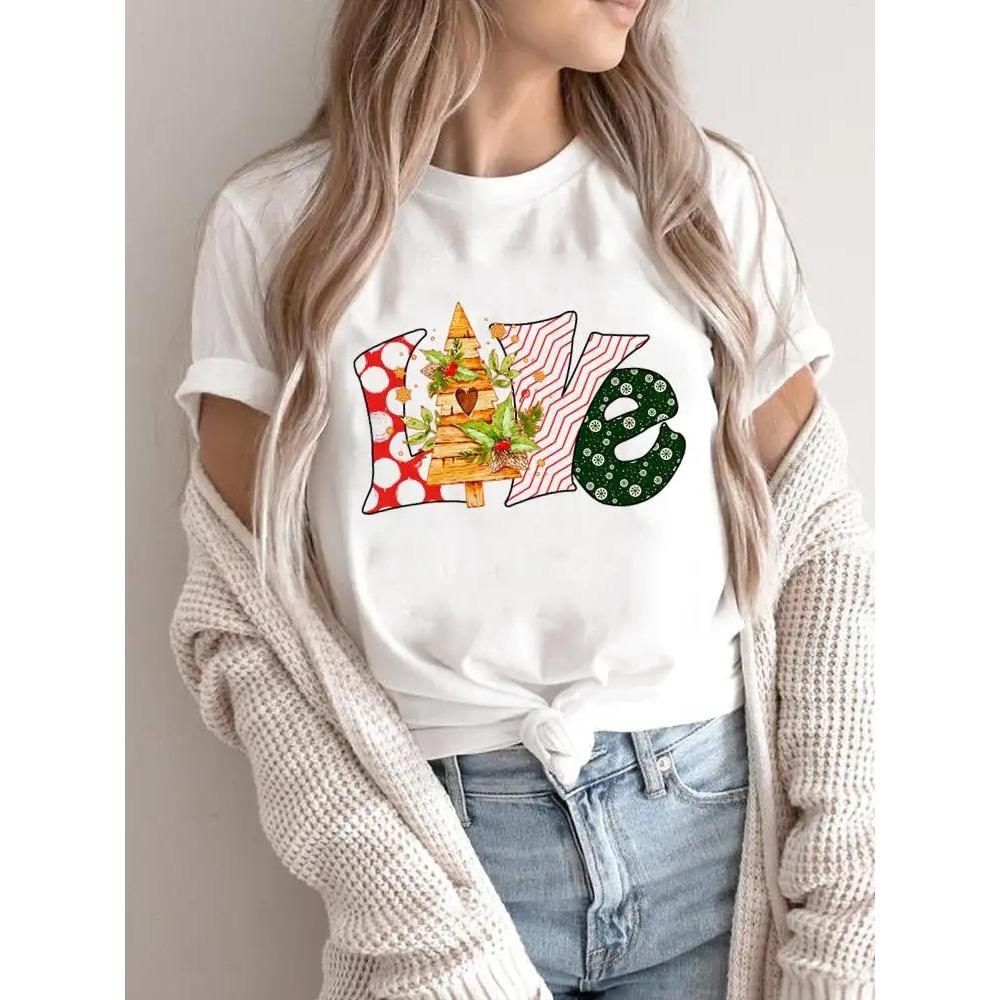 

Watercolor Print Top Graphic Tee New Year T-shirts Women Holiday Clothing Merry Christmas Fashion Clothes S