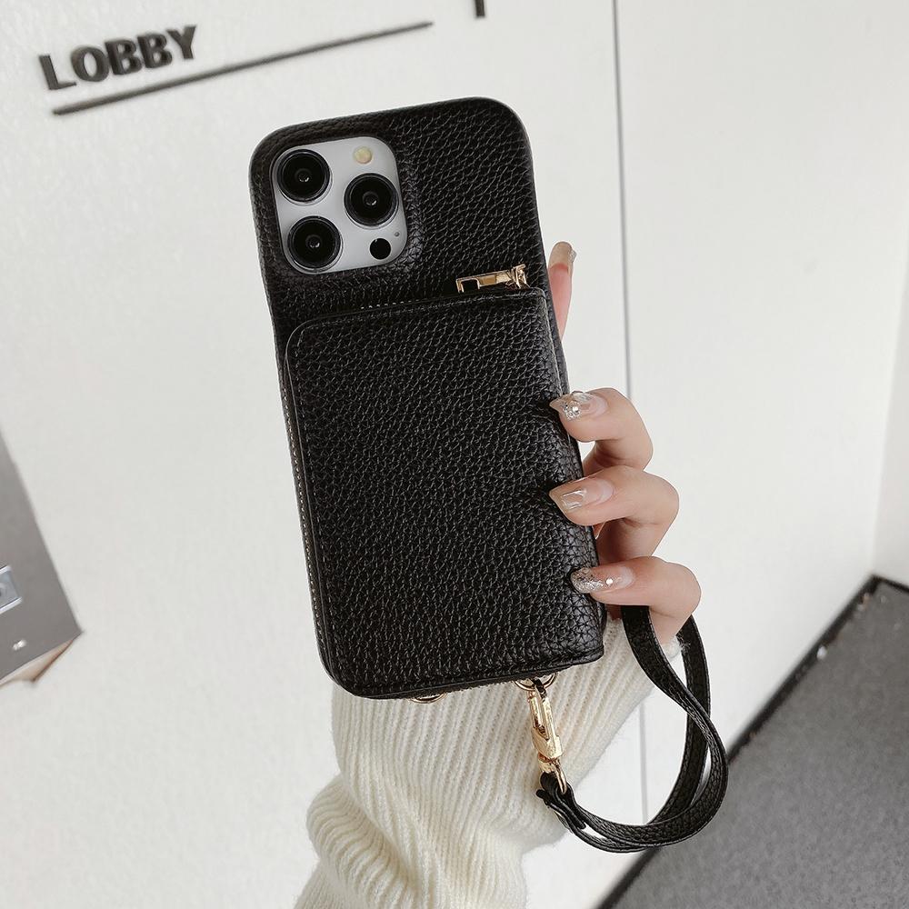 Für iPhone 16 Pro Hülle Reißverschluss Kartenfächer PU Leder Handy Rückseite mit Handschlaufe