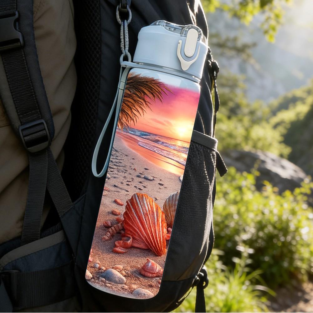 1PC Beach Sunset Ocean View Print 750ml Color Plastic Sports Water Bottle Leakproof Flip Straw Lid Suitable for Sports Office Home Use