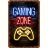 Vintage Gaming Zone Metallplåtskylt Arkad Neon Design i Blått Rött Kraftig Järn Retro Kontrollergrafik Enkel