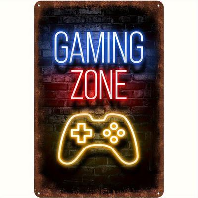 Vintage Gaming Zone Metal Tin Sign  Arcade Neon Design In Blue  Red HeavyDuty Iron Retro Controller Graphic Easy