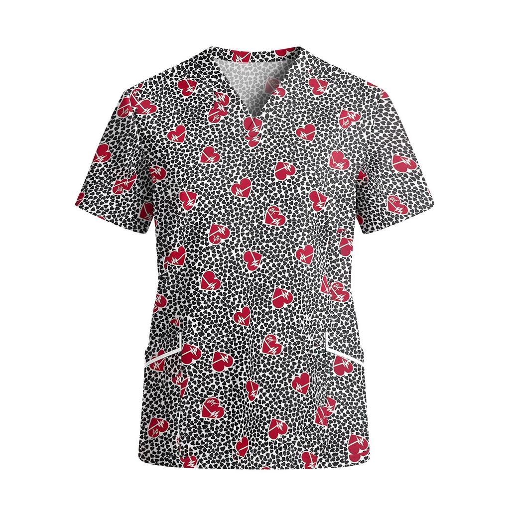 Women V Neck Short Sleeve Printed Scrub Top with Pockets for Work Uniforms Nursing Healthcare