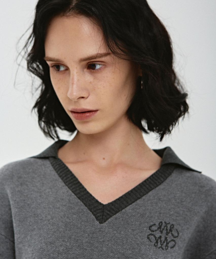 Nigaennikol Classic Color Block Collar Knit_Charcoal